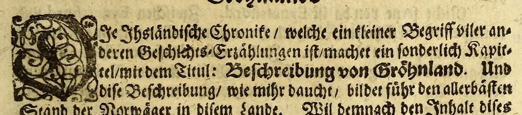 An illustration from Bericht von Gröhnland, gezogen aus zwo Chroniken : einer alten ihslandischen, und einer neuen dänischen; übergesand in frantzösischer Sprahche an Herren von der Mote den Wayer von einem unbenandten Meister, und gedruckt zu Parihs bey Augustin Kürbe in s. anno 1647. Jetzo aber deutsch gegäben, und, um desto färtiger ihn zu gebrauchen, unterschihdlich eingeteihlet, 1674, leaf 21
