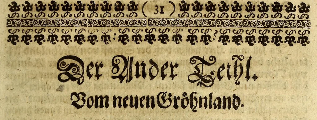 An illustration from Bericht von Gröhnland, gezogen aus zwo Chroniken : einer alten ihslandischen, und einer neuen dänischen; übergesand in frantzösischer Sprahche an Herren von der Mote den Wayer von einem unbenandten Meister, und gedruckt zu Parihs bey Augustin Kürbe in s. anno 1647. Jetzo aber deutsch gegäben, und, um desto färtiger ihn zu gebrauchen, unterschihdlich eingeteihlet, 1674, leaf 45