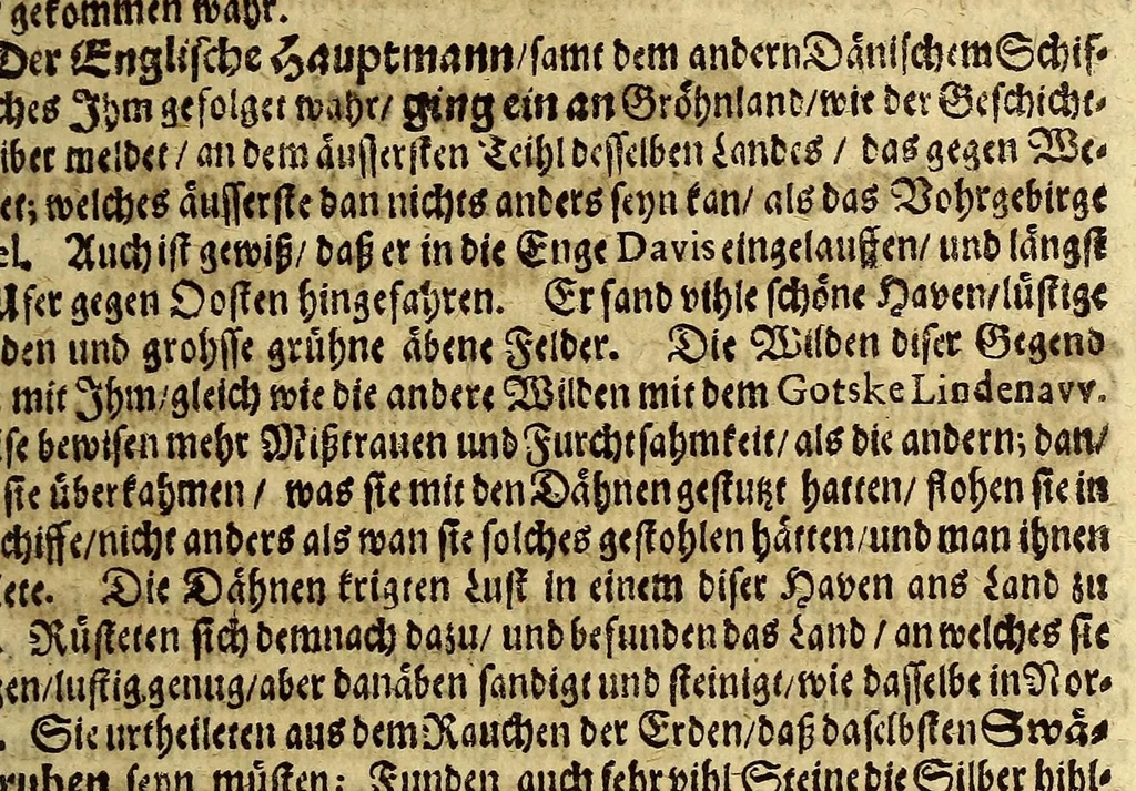 An illustration from Bericht von Gröhnland, gezogen aus zwo Chroniken : einer alten ihslandischen, und einer neuen dänischen; übergesand in frantzösischer Sprahche an Herren von der Mote den Wayer von einem unbenandten Meister, und gedruckt zu Parihs bey Augustin Kürbe in s. anno 1647. Jetzo aber deutsch gegäben, und, um desto färtiger ihn zu gebrauchen, unterschihdlich eingeteihlet, 1674, leaf 57