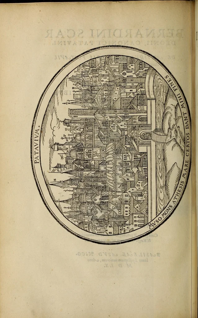An illustration from Bernardini Scardeonii, Canonici Patavini, De antiquitate urbis Patauii, & claris ciuibus Patauinis, libri tres : in quindecim classes distincti : eiusdem appendix De sepulchris insignibus exterorum Patavii iacentium, 1560, leaf 6
