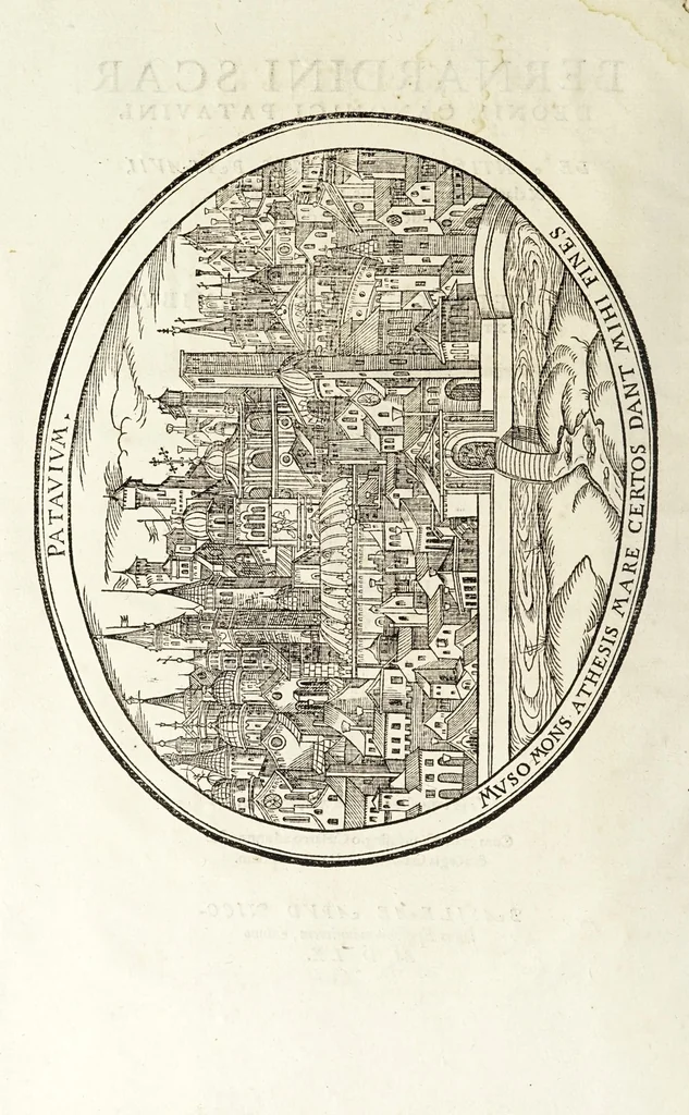 An illustration from Bernardini Scardeonii, canonici Patavini, De antiqvitate vrbis Patavii & claris ciuibus patauinis libri tres : in quindecim classes distincti : eivsdem appendix De sepvlchris insignibvs exterorvm Patavii iacentivm, 1560, leaf 6