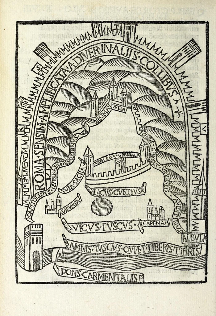 An illustration from Berosvs Babilonicvs De his quae praecesserũt inundationẽ terrarũ. Item, Myrsilus De origine Turrhenorum. Cato In fragmentis. Archilocus In epitheto de temporibus. Metasthenes De iudicio temporũ. Philo In breuiario temporum. Xenophon De equiuocis temporũ. Sempronius De diuisione Italiae. Q. Fab. Pictor De aureo saeculo & orig[i]ne vrbis Rhomae. Fragmentũ Itinerarij Antonini Pij. Altercatio Adriani Augusti & Epictici. Cornelij Taciti De origine & situ Germanorum opusculum. C.C. De situ & moribus Germanorũ, 1511, leaf 74