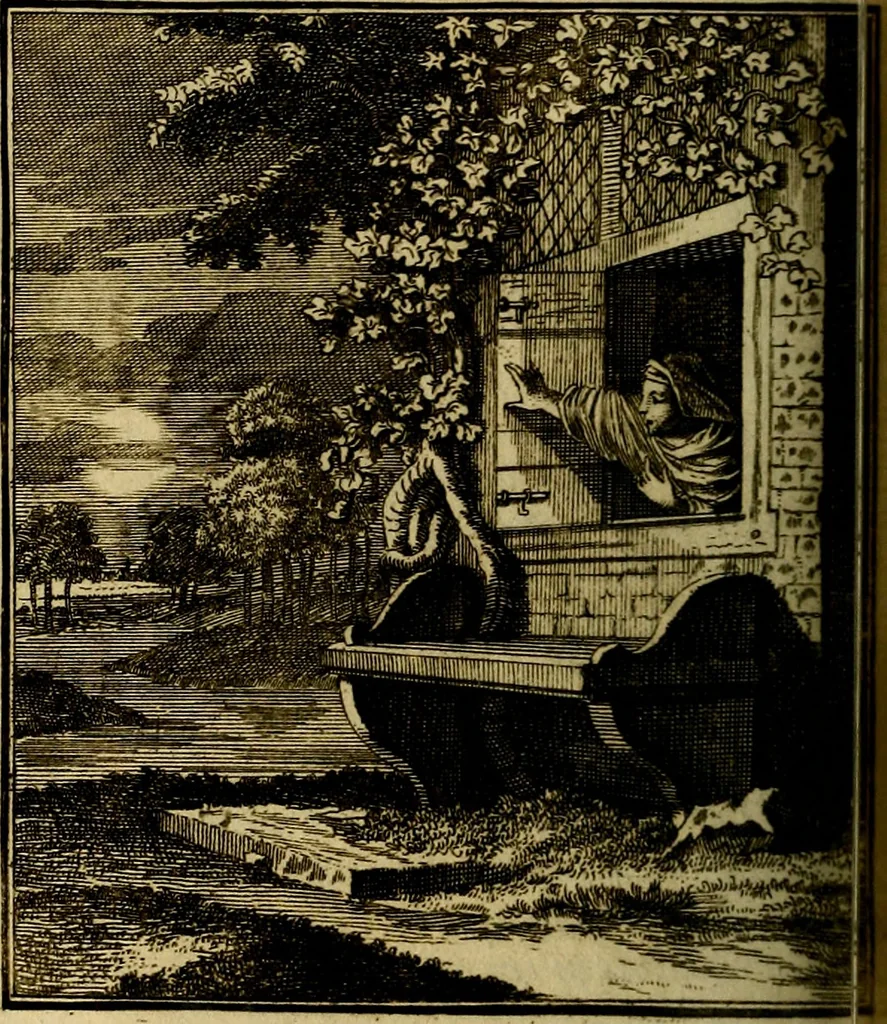 An illustration from Beschouwing der wereld : bestaande in hondert konstige figuuren, met godlyke spreuken en stichtelyke verzen, 1708, leaf 185