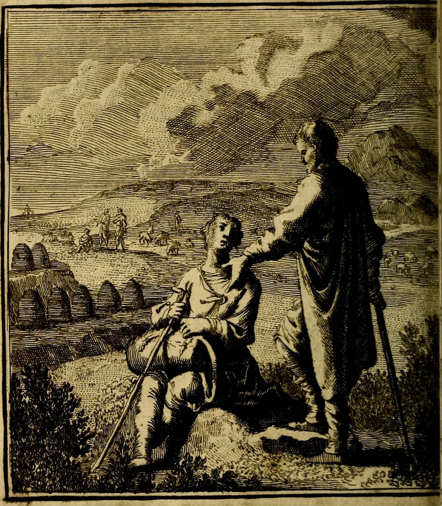 An illustration from Beschouwing der wereld : bestaande in hondert konstige figuuren, met godlyke spreuken en stichtelyke verzen, 1708, leaf 85