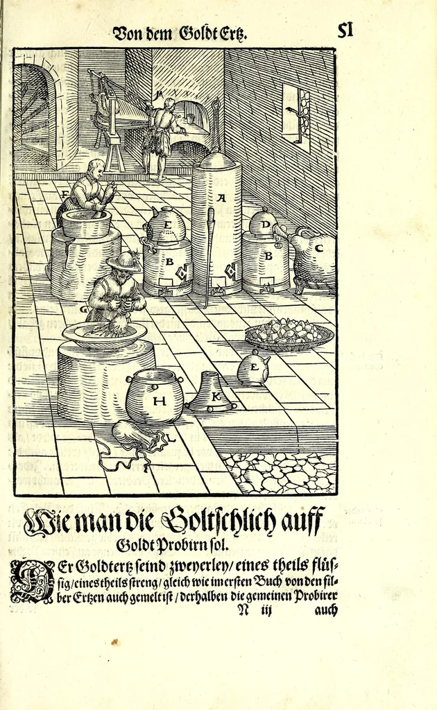 An illustration from Beschreibung allerfürnemisten mineralischen Ertzt vnnd Bergkwercks Arten : wie dieselbigen, vnd eine jede in Sonderheit jrer Natur und Eigenschafft nach, auff alle Metaln probirt vnd im kleinen Fewer sollen versucht werden : mit Erklärung etlicher fürnemer nützlichen Schmeltzwerck, im grossen Fewer auch Scheidung Goldts, Silbers, vnd anderer Metaln : sampt einem Bericht dess Kupffersaigerns, Messing brennens, vnd Salpeter siedens : auch aller saltzigen minerischen Proben, vnd was denen allen anhengig : in fünff Bücher verfast, dessgleichen zuuorn niemals in Druck kommen ..., 1580, leaf 113