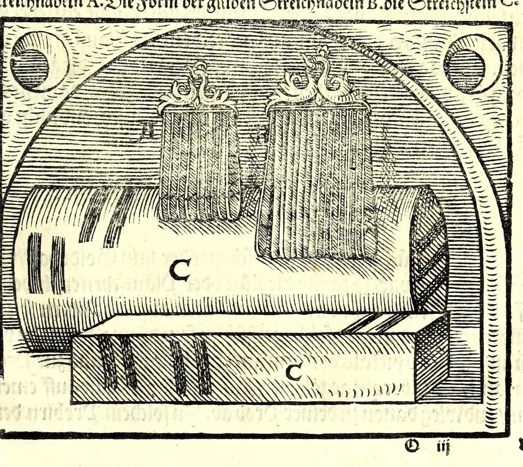 An illustration from Beschreibung allerfürnemisten mineralischen Ertzt vnnd Bergkwercks Arten : wie dieselbigen, vnd eine jede in Sonderheit jrer Natur und Eigenschafft nach, auff alle Metaln probirt vnd im kleinen Fewer sollen versucht werden : mit Erklärung etlicher fürnemer nützlichen Schmeltzwerck, im grossen Fewer auch Scheidung Goldts, Silbers, vnd anderer Metaln : sampt einem Bericht dess Kupffersaigerns, Messing brennens, vnd Salpeter siedens : auch aller saltzigen minerischen Proben, vnd was denen allen anhengig : in fünff Bücher verfast, dessgleichen zuuorn niemals in Druck kommen ..., 1580, leaf 121