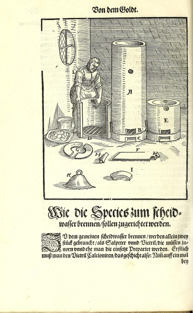 An illustration from Beschreibung allerfürnemisten mineralischen Ertzt vnnd Bergkwercks Arten : wie dieselbigen, vnd eine jede in Sonderheit jrer Natur und Eigenschafft nach, auff alle Metaln probirt vnd im kleinen Fewer sollen versucht werden : mit Erklärung etlicher fürnemer nützlichen Schmeltzwerck, im grossen Fewer auch Scheidung Goldts, Silbers, vnd anderer Metaln : sampt einem Bericht dess Kupffersaigerns, Messing brennens, vnd Salpeter siedens : auch aller saltzigen minerischen Proben, vnd was denen allen anhengig : in fünff Bücher verfast, dessgleichen zuuorn niemals in Druck kommen ..., 1580, leaf 140