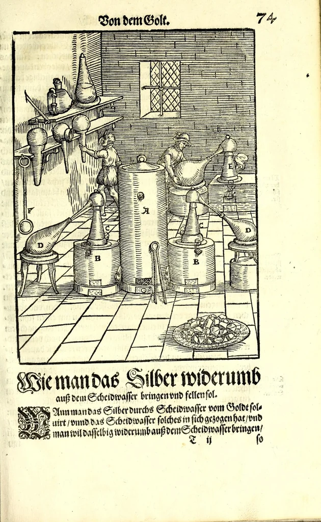 An illustration from Beschreibung allerfürnemisten mineralischen Ertzt vnnd Bergkwercks Arten : wie dieselbigen, vnd eine jede in Sonderheit jrer Natur und Eigenschafft nach, auff alle Metaln probirt vnd im kleinen Fewer sollen versucht werden : mit Erklärung etlicher fürnemer nützlichen Schmeltzwerck, im grossen Fewer auch Scheidung Goldts, Silbers, vnd anderer Metaln : sampt einem Bericht dess Kupffersaigerns, Messing brennens, vnd Salpeter siedens : auch aller saltzigen minerischen Proben, vnd was denen allen anhengig : in fünff Bücher verfast, dessgleichen zuuorn niemals in Druck kommen ..., 1580, leaf 159