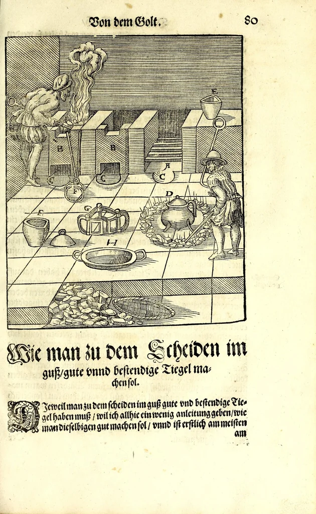 An illustration from Beschreibung allerfürnemisten mineralischen Ertzt vnnd Bergkwercks Arten : wie dieselbigen, vnd eine jede in Sonderheit jrer Natur und Eigenschafft nach, auff alle Metaln probirt vnd im kleinen Fewer sollen versucht werden : mit Erklärung etlicher fürnemer nützlichen Schmeltzwerck, im grossen Fewer auch Scheidung Goldts, Silbers, vnd anderer Metaln : sampt einem Bericht dess Kupffersaigerns, Messing brennens, vnd Salpeter siedens : auch aller saltzigen minerischen Proben, vnd was denen allen anhengig : in fünff Bücher verfast, dessgleichen zuuorn niemals in Druck kommen ..., 1580, leaf 171
