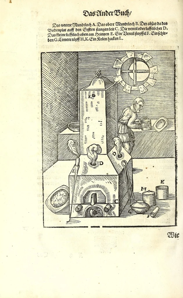 An illustration from Beschreibung allerfürnemisten mineralischen Ertzt vnnd Bergkwercks Arten : wie dieselbigen, vnd eine jede in Sonderheit jrer Natur und Eigenschafft nach, auff alle Metaln probirt vnd im kleinen Fewer sollen versucht werden : mit Erklärung etlicher fürnemer nützlichen Schmeltzwerck, im grossen Fewer auch Scheidung Goldts, Silbers, vnd anderer Metaln : sampt einem Bericht dess Kupffersaigerns, Messing brennens, vnd Salpeter siedens : auch aller saltzigen minerischen Proben, vnd was denen allen anhengig : in fünff Bücher verfast, dessgleichen zuuorn niemals in Druck kommen ..., 1580, leaf 176