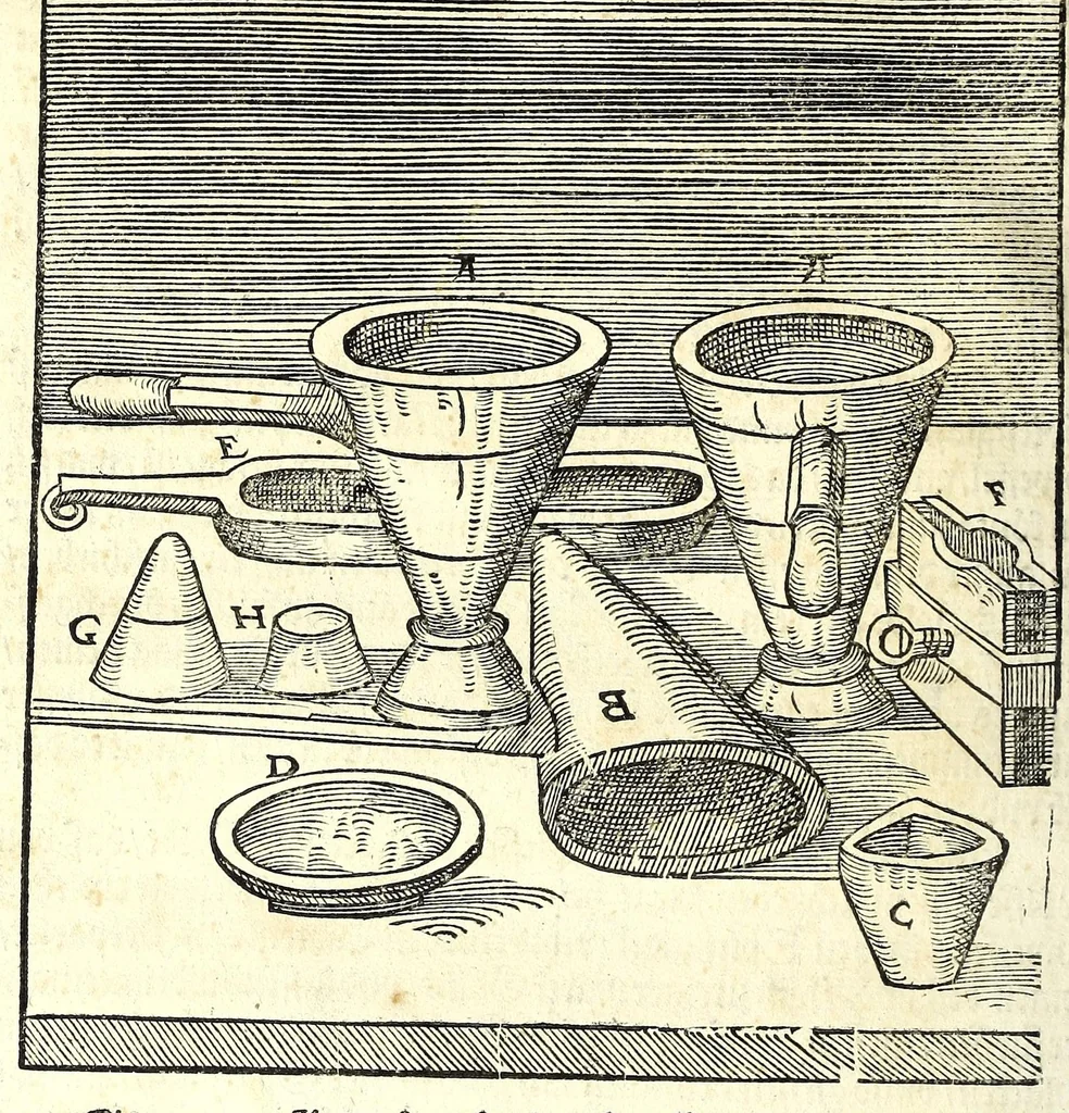 An illustration from Beschreibung allerfürnemisten mineralischen Ertzt vnnd Bergkwercks Arten : wie dieselbigen, vnd eine jede in Sonderheit jrer Natur und Eigenschafft nach, auff alle Metaln probirt vnd im kleinen Fewer sollen versucht werden : mit Erklärung etlicher fürnemer nützlichen Schmeltzwerck, im grossen Fewer auch Scheidung Goldts, Silbers, vnd anderer Metaln : sampt einem Bericht dess Kupffersaigerns, Messing brennens, vnd Salpeter siedens : auch aller saltzigen minerischen Proben, vnd was denen allen anhengig : in fünff Bücher verfast, dessgleichen zuuorn niemals in Druck kommen ..., 1580, leaf 188