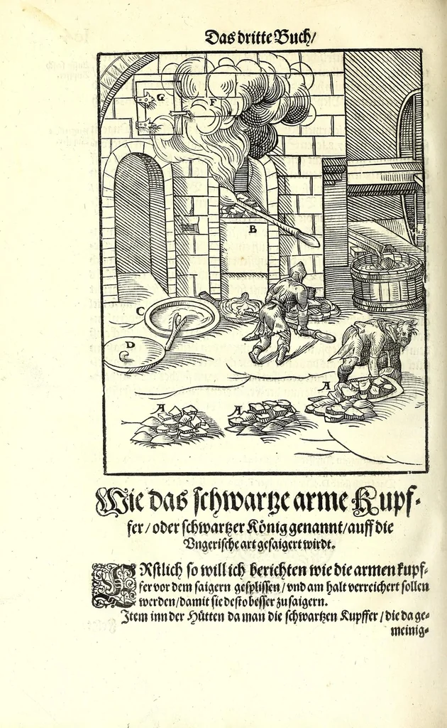 An illustration from Beschreibung allerfürnemisten mineralischen Ertzt vnnd Bergkwercks Arten : wie dieselbigen, vnd eine jede in Sonderheit jrer Natur und Eigenschafft nach, auff alle Metaln probirt vnd im kleinen Fewer sollen versucht werden : mit Erklärung etlicher fürnemer nützlichen Schmeltzwerck, im grossen Fewer auch Scheidung Goldts, Silbers, vnd anderer Metaln : sampt einem Bericht dess Kupffersaigerns, Messing brennens, vnd Salpeter siedens : auch aller saltzigen minerischen Proben, vnd was denen allen anhengig : in fünff Bücher verfast, dessgleichen zuuorn niemals in Druck kommen ..., 1580, leaf 220