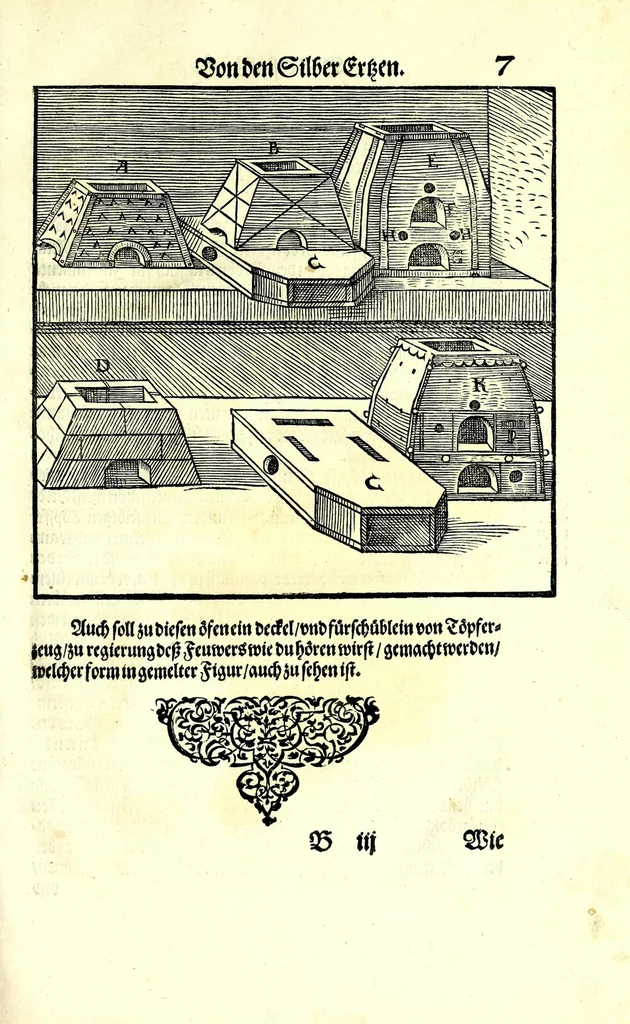 An illustration from Beschreibung allerfürnemisten mineralischen Ertzt vnnd Bergkwercks Arten : wie dieselbigen, vnd eine jede in Sonderheit jrer Natur und Eigenschafft nach, auff alle Metaln probirt vnd im kleinen Fewer sollen versucht werden : mit Erklärung etlicher fürnemer nützlichen Schmeltzwerck, im grossen Fewer auch Scheidung Goldts, Silbers, vnd anderer Metaln : sampt einem Bericht dess Kupffersaigerns, Messing brennens, vnd Salpeter siedens : auch aller saltzigen minerischen Proben, vnd was denen allen anhengig : in fünff Bücher verfast, dessgleichen zuuorn niemals in Druck kommen ..., 1580, leaf 25