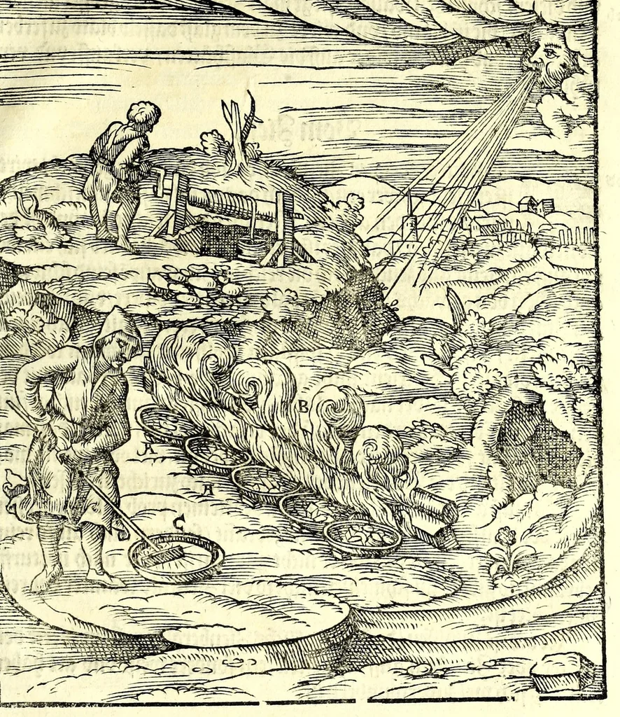 An illustration from Beschreibung allerfürnemisten mineralischen Ertzt vnnd Bergkwercks Arten : wie dieselbigen, vnd eine jede in Sonderheit jrer Natur und Eigenschafft nach, auff alle Metaln probirt vnd im kleinen Fewer sollen versucht werden : mit Erklärung etlicher fürnemer nützlichen Schmeltzwerck, im grossen Fewer auch Scheidung Goldts, Silbers, vnd anderer Metaln : sampt einem Bericht dess Kupffersaigerns, Messing brennens, vnd Salpeter siedens : auch aller saltzigen minerischen Proben, vnd was denen allen anhengig : in fünff Bücher verfast, dessgleichen zuuorn niemals in Druck kommen ..., 1580, leaf 251