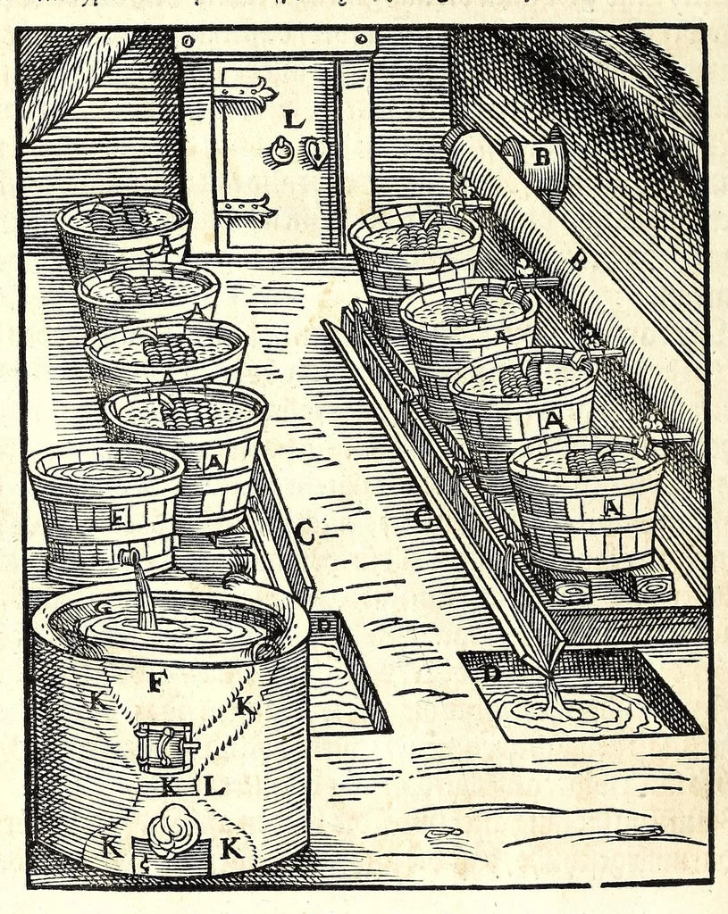 An illustration from Beschreibung allerfürnemisten mineralischen Ertzt vnnd Bergkwercks Arten : wie dieselbigen, vnd eine jede in Sonderheit jrer Natur und Eigenschafft nach, auff alle Metaln probirt vnd im kleinen Fewer sollen versucht werden : mit Erklärung etlicher fürnemer nützlichen Schmeltzwerck, im grossen Fewer auch Scheidung Goldts, Silbers, vnd anderer Metaln : sampt einem Bericht dess Kupffersaigerns, Messing brennens, vnd Salpeter siedens : auch aller saltzigen minerischen Proben, vnd was denen allen anhengig : in fünff Bücher verfast, dessgleichen zuuorn niemals in Druck kommen ..., 1580, leaf 268