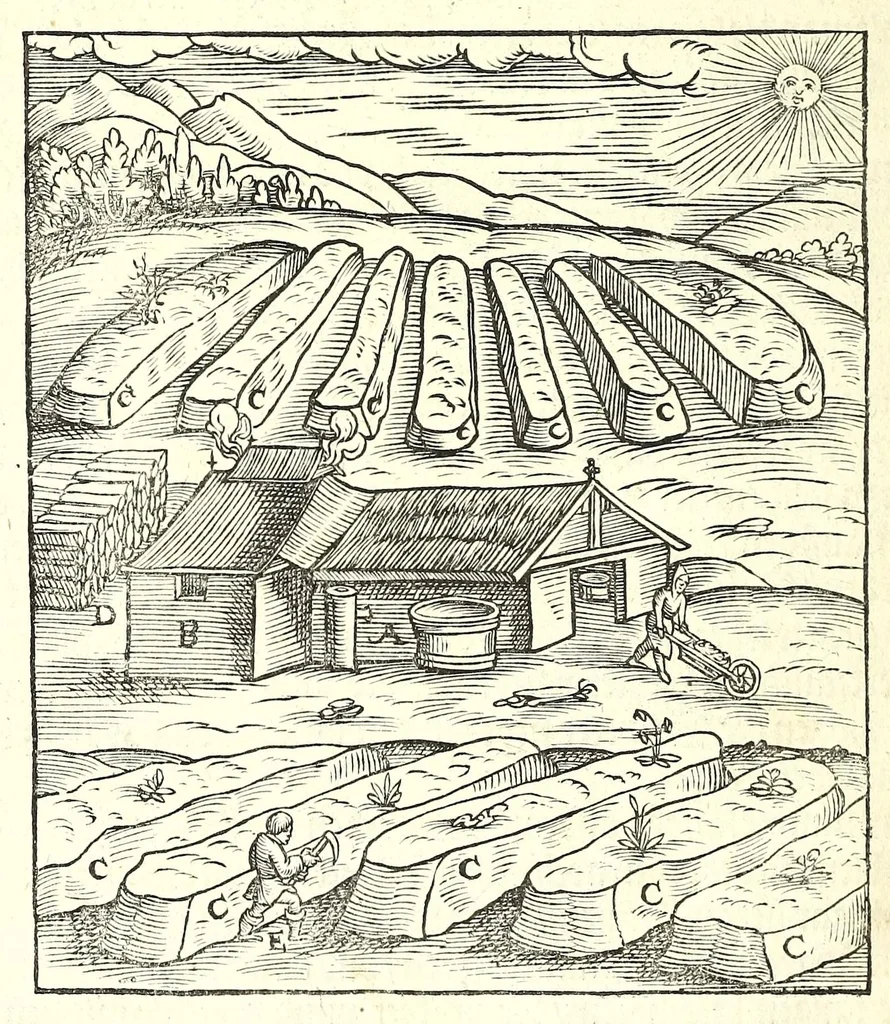 An illustration from Beschreibung allerfürnemisten mineralischen Ertzt vnnd Bergkwercks Arten : wie dieselbigen, vnd eine jede in Sonderheit jrer Natur und Eigenschafft nach, auff alle Metaln probirt vnd im kleinen Fewer sollen versucht werden : mit Erklärung etlicher fürnemer nützlichen Schmeltzwerck, im grossen Fewer auch Scheidung Goldts, Silbers, vnd anderer Metaln : sampt einem Bericht dess Kupffersaigerns, Messing brennens, vnd Salpeter siedens : auch aller saltzigen minerischen Proben, vnd was denen allen anhengig : in fünff Bücher verfast, dessgleichen zuuorn niemals in Druck kommen ..., 1580, leaf 278