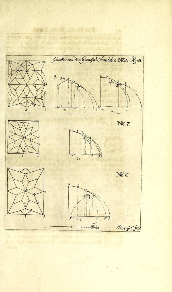 An illustration from Beschreibung aller Kirchen-Gebäude der Stadt Dantzig : worinnen einer jeden Kirchen Grund-Risz, Auffzug oder Abriss vollköm̄lich zu ersehen, wie dann auch von den Kunstreichen Gewölbern in denen Kirchen, sowol im Grund-Risse als Auffstellung derselben deutlich gehandelt wird : nebst der Beschreibung aller anderen Kirchen, so ausserhalb Walles in den Vorstaädten gelegen seyn, nach ihrer Maass, 1695, leaf 101