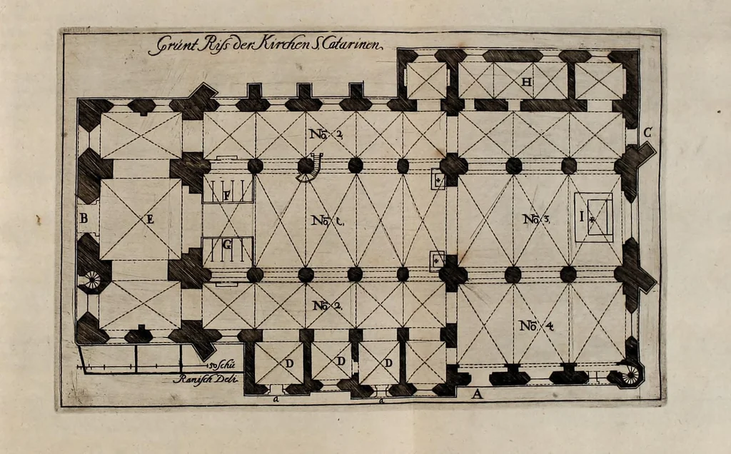 An illustration from Beschreibung aller Kirchen-Gebäude der Stadt Dantzig : worinnen einer jeden Kirchen Grund-Risz, Auffzug oder Abriss vollköm̄lich zu ersehen, wie dann auch von den Kunstreichen Gewölbern in denen Kirchen, sowol im Grund-Risse als Auffstellung derselben deutlich gehandelt wird : nebst der Beschreibung aller anderen Kirchen, so ausserhalb Walles in den Vorstaädten gelegen seyn, nach ihrer Maass, 1695, leaf 107