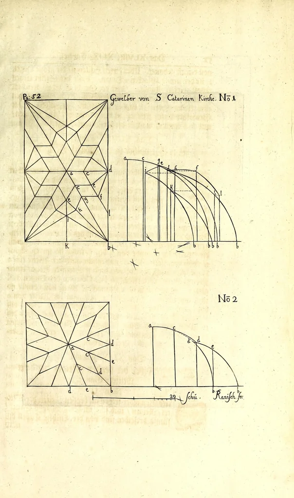 An illustration from Beschreibung aller Kirchen-Gebäude der Stadt Dantzig : worinnen einer jeden Kirchen Grund-Risz, Auffzug oder Abriss vollköm̄lich zu ersehen, wie dann auch von den Kunstreichen Gewölbern in denen Kirchen, sowol im Grund-Risse als Auffstellung derselben deutlich gehandelt wird : nebst der Beschreibung aller anderen Kirchen, so ausserhalb Walles in den Vorstaädten gelegen seyn, nach ihrer Maass, 1695, leaf 111