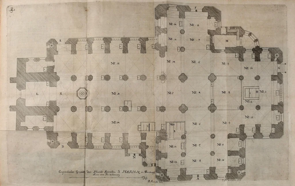 An illustration from Beschreibung aller Kirchen-Gebäude der Stadt Dantzig : worinnen einer jeden Kirchen Grund-Risz, Auffzug oder Abriss vollköm̄lich zu ersehen, wie dann auch von den Kunstreichen Gewölbern in denen Kirchen, sowol im Grund-Risse als Auffstellung derselben deutlich gehandelt wird : nebst der Beschreibung aller anderen Kirchen, so ausserhalb Walles in den Vorstaädten gelegen seyn, nach ihrer Maass, 1695, leaf 17