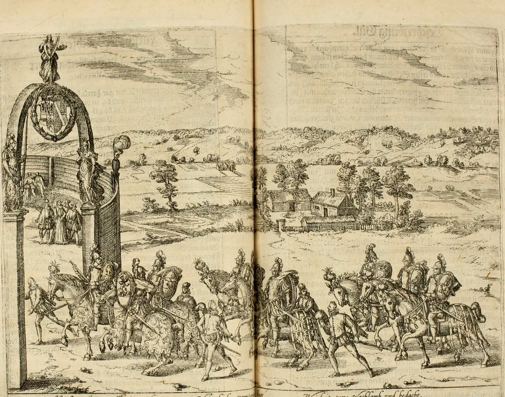 An illustration from Beschreibung derer fürstlicher güligscher &c. Hochzeit : so im Jahr Christi tausent fünffhundert achtzig fünff, am sechszehenden Junij vnd nechstfolgenden acht Tagen, zu Düsseldorff mit grossen Freuden, fürstlichen Triumph vnd Herrligkeit gehalten worden, 1587, leaf 112