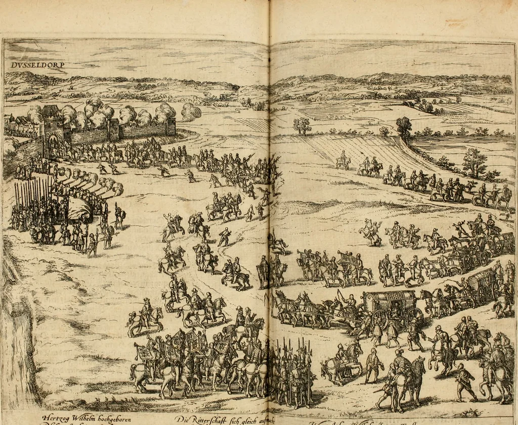 An illustration from Beschreibung derer fürstlicher güligscher &c. Hochzeit : so im Jahr Christi tausent fünffhundert achtzig fünff, am sechszehenden Junij vnd nechstfolgenden acht Tagen, zu Düsseldorff mit grossen Freuden, fürstlichen Triumph vnd Herrligkeit gehalten worden, 1587, leaf 14