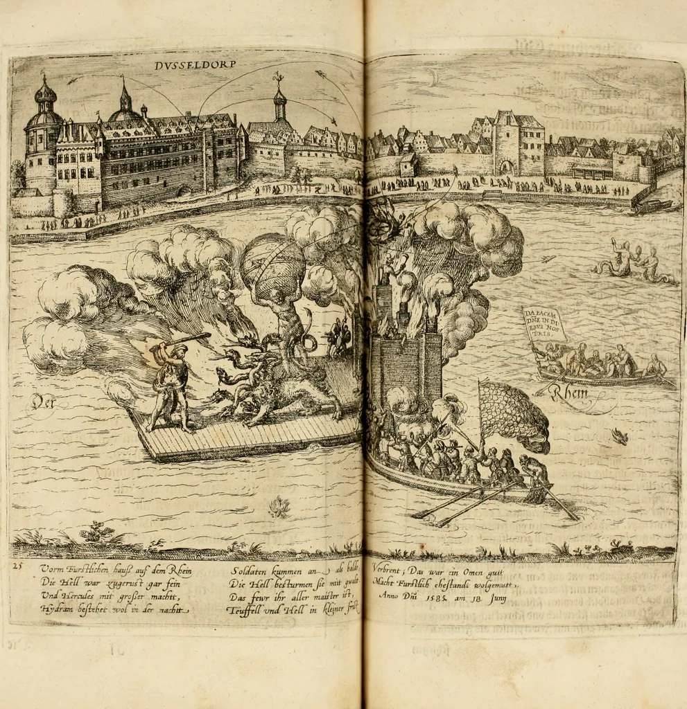 An illustration from Beschreibung derer fürstlicher güligscher &c. Hochzeit : so im Jahr Christi tausent fünffhundert achtzig fünff, am sechszehenden Junij vnd nechstfolgenden acht Tagen, zu Düsseldorff mit grossen Freuden, fürstlichen Triumph vnd Herrligkeit gehalten worden, 1587, leaf 180