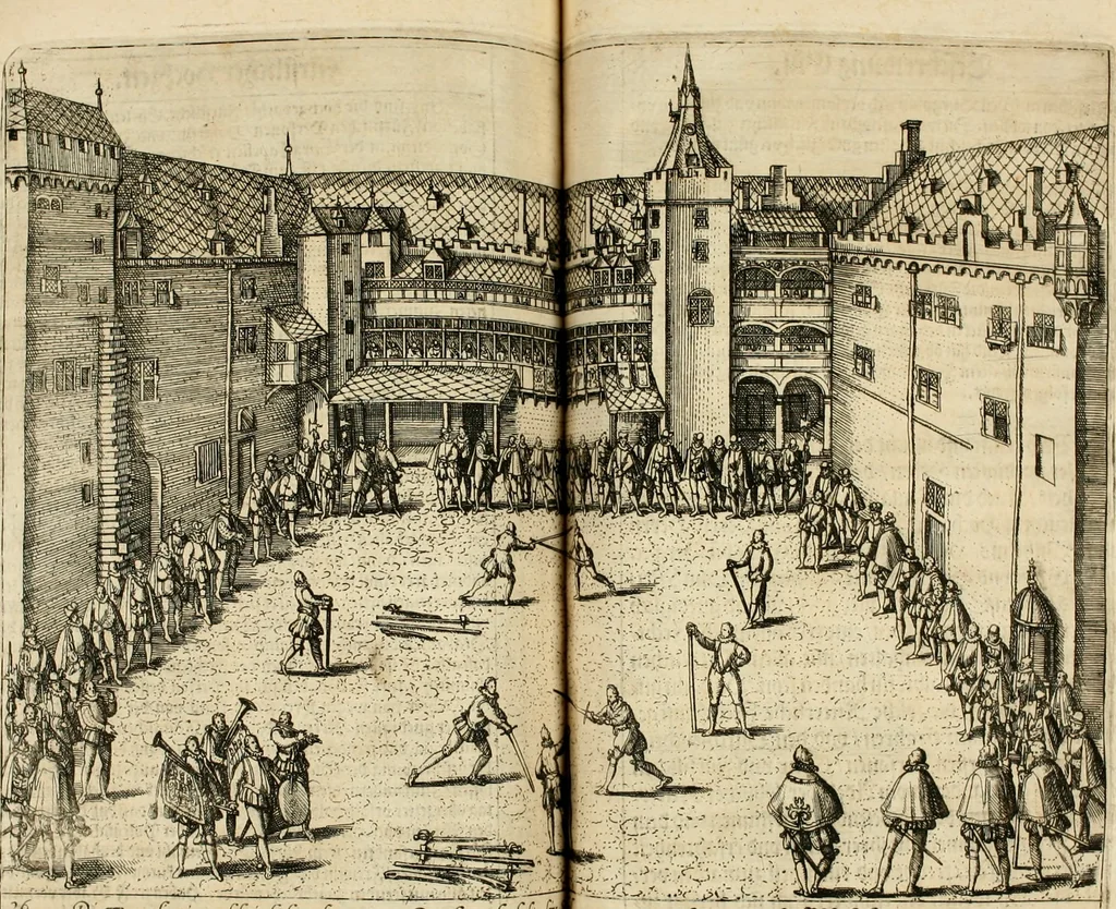 An illustration from Beschreibung derer fürstlicher güligscher &c. Hochzeit : so im Jahr Christi tausent fünffhundert achtzig fünff, am sechszehenden Junij vnd nechstfolgenden acht Tagen, zu Düsseldorff mit grossen Freuden, fürstlichen Triumph vnd Herrligkeit gehalten worden, 1587, leaf 202