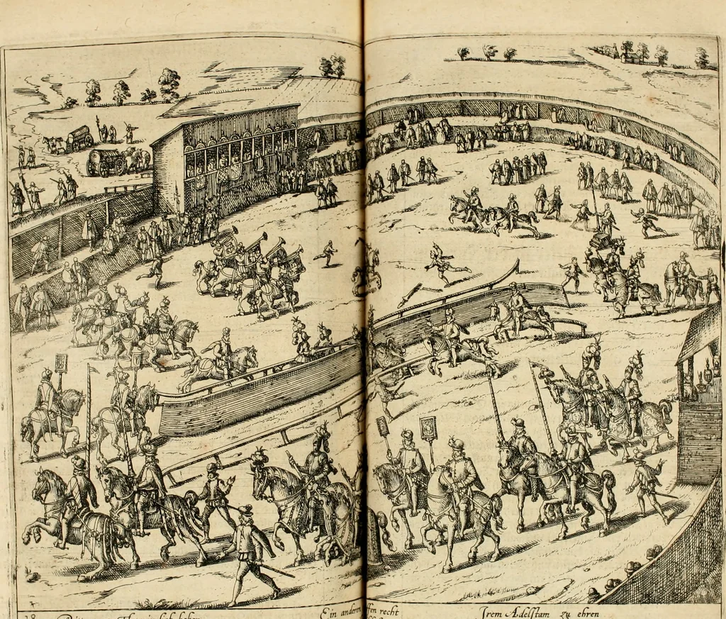 An illustration from Beschreibung derer fürstlicher güligscher &c. Hochzeit : so im Jahr Christi tausent fünffhundert achtzig fünff, am sechszehenden Junij vnd nechstfolgenden acht Tagen, zu Düsseldorff mit grossen Freuden, fürstlichen Triumph vnd Herrligkeit gehalten worden, 1587, leaf 232