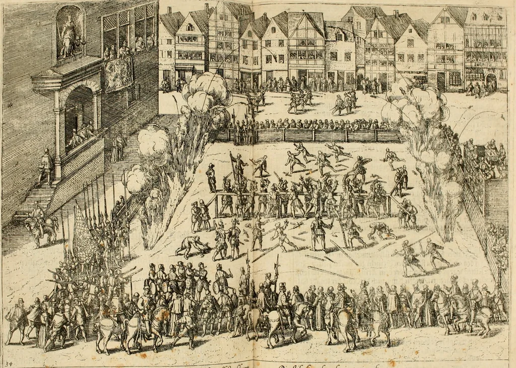 An illustration from Beschreibung derer fürstlicher güligscher &c. Hochzeit : so im Jahr Christi tausent fünffhundert achtzig fünff, am sechszehenden Junij vnd nechstfolgenden acht Tagen, zu Düsseldorff mit grossen Freuden, fürstlichen Triumph vnd Herrligkeit gehalten worden, 1587, leaf 264