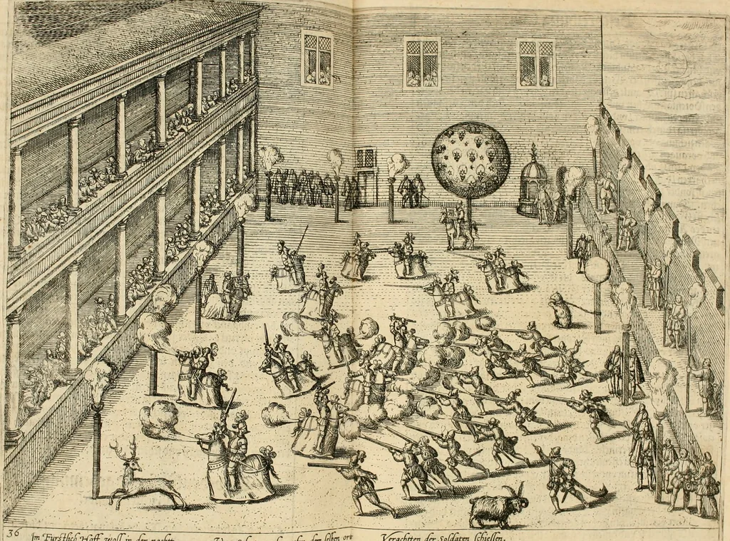 An illustration from Beschreibung derer fürstlicher güligscher &c. Hochzeit : so im Jahr Christi tausent fünffhundert achtzig fünff, am sechszehenden Junij vnd nechstfolgenden acht Tagen, zu Düsseldorff mit grossen Freuden, fürstlichen Triumph vnd Herrligkeit gehalten worden, 1587, leaf 272