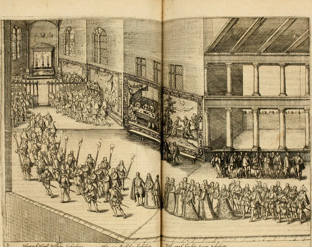 An illustration from Beschreibung derer fürstlicher güligscher &c. Hochzeit : so im Jahr Christi tausent fünffhundert achtzig fünff, am sechszehenden Junij vnd nechstfolgenden acht Tagen, zu Düsseldorff mit grossen Freuden, fürstlichen Triumph vnd Herrligkeit gehalten worden, 1587, leaf 50