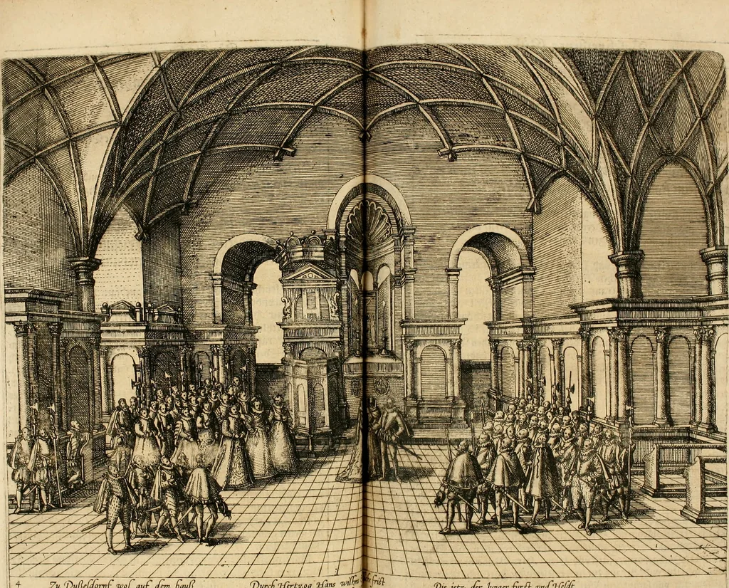 An illustration from Beschreibung derer fürstlicher güligscher &c. Hochzeit : so im Jahr Christi tausent fünffhundert achtzig fünff, am sechszehenden Junij vnd nechstfolgenden acht Tagen, zu Düsseldorff mit grossen Freuden, fürstlichen Triumph vnd Herrligkeit gehalten worden, 1587, leaf 58