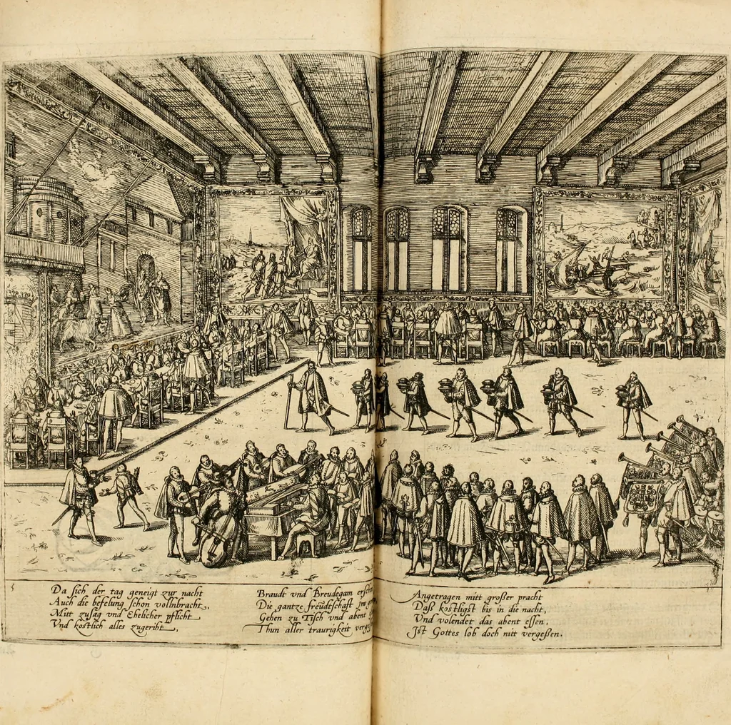 An illustration from Beschreibung derer fürstlicher güligscher &c. Hochzeit : so im Jahr Christi tausent fünffhundert achtzig fünff, am sechszehenden Junij vnd nechstfolgenden acht Tagen, zu Düsseldorff mit grossen Freuden, fürstlichen Triumph vnd Herrligkeit gehalten worden, 1587, leaf 64