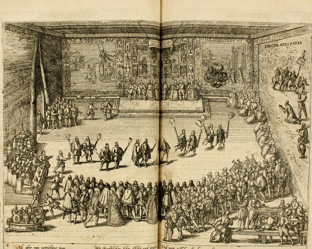 An illustration from Beschreibung derer fürstlicher güligscher &c. Hochzeit : so im Jahr Christi tausent fünffhundert achtzig fünff, am sechszehenden Junij vnd nechstfolgenden acht Tagen, zu Düsseldorff mit grossen Freuden, fürstlichen Triumph vnd Herrligkeit gehalten worden, 1587, leaf 68