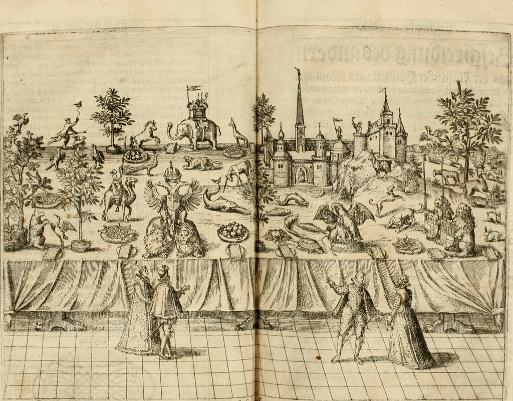 An illustration from Beschreibung derer fürstlicher güligscher &c. Hochzeit : so im Jahr Christi tausent fünffhundert achtzig fünff, am sechszehenden Junij vnd nechstfolgenden acht Tagen, zu Düsseldorff mit grossen Freuden, fürstlichen Triumph vnd Herrligkeit gehalten worden, 1587, leaf 72
