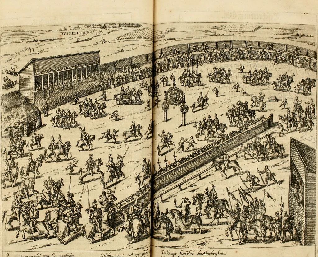 An illustration from Beschreibung derer fürstlicher güligscher &c. Hochzeit : so im Jahr Christi tausent fünffhundert achtzig fünff, am sechszehenden Junij vnd nechstfolgenden acht Tagen, zu Düsseldorff mit grossen Freuden, fürstlichen Triumph vnd Herrligkeit gehalten worden, 1587, leaf 96