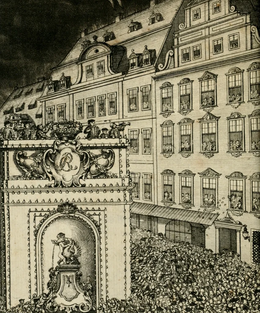 An illustration from Beschreibung der Illumination zu Dressden bey der königlichen sicilianischen in Vollmacht vollzogenen Vermählung : nebst andern dahin gehörigen Vorstellungen und verschiedenen Kupffer-Stichen, 1738, leaf 11