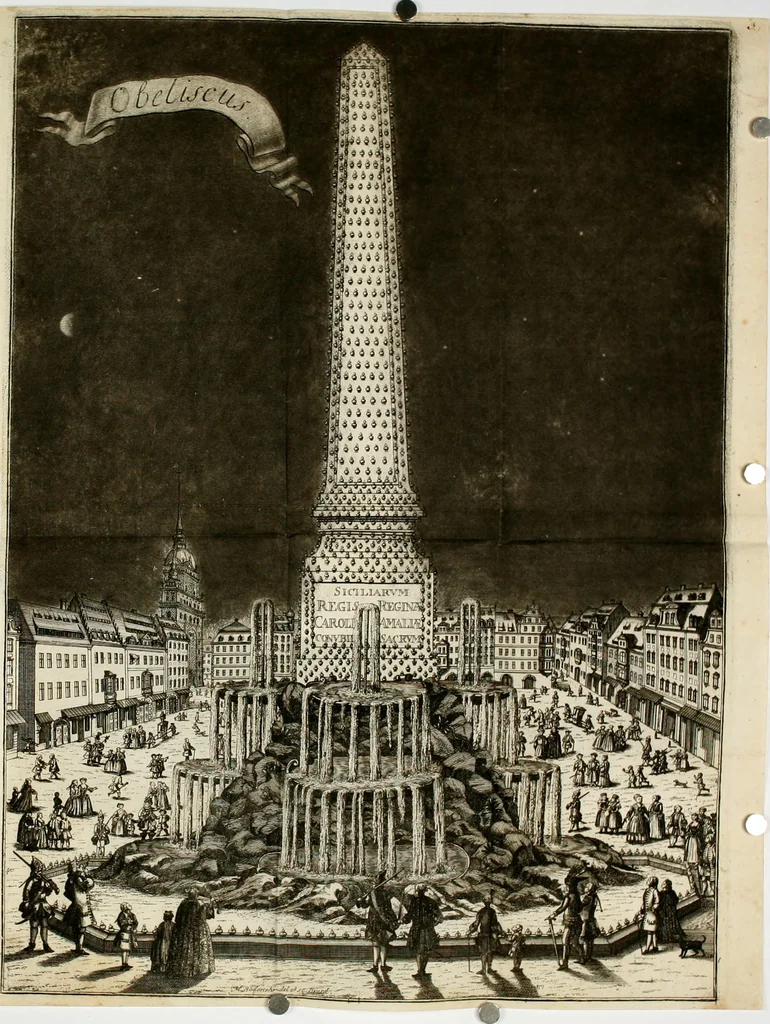 An illustration from Beschreibung der Illumination zu Dressden bey der königlichen sicilianischen in Vollmacht vollzogenen Vermählung : nebst andern dahin gehörigen Vorstellungen und verschiedenen Kupffer-Stichen, 1738, leaf 19