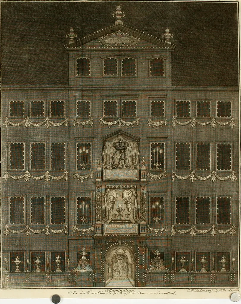 An illustration from Beschreibung der Illumination zu Dressden bey der königlichen sicilianischen in Vollmacht vollzogenen Vermählung : nebst andern dahin gehörigen Vorstellungen und verschiedenen Kupffer-Stichen, 1738, leaf 85