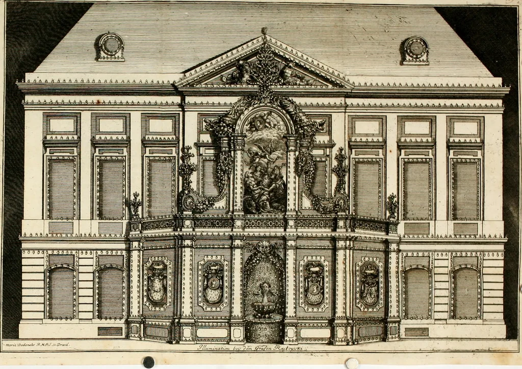 An illustration from Beschreibung der Illumination zu Dressden bey der königlichen sicilianischen in Vollmacht vollzogenen Vermählung : nebst andern dahin gehörigen Vorstellungen und verschiedenen Kupffer-Stichen, 1738, leaf 97