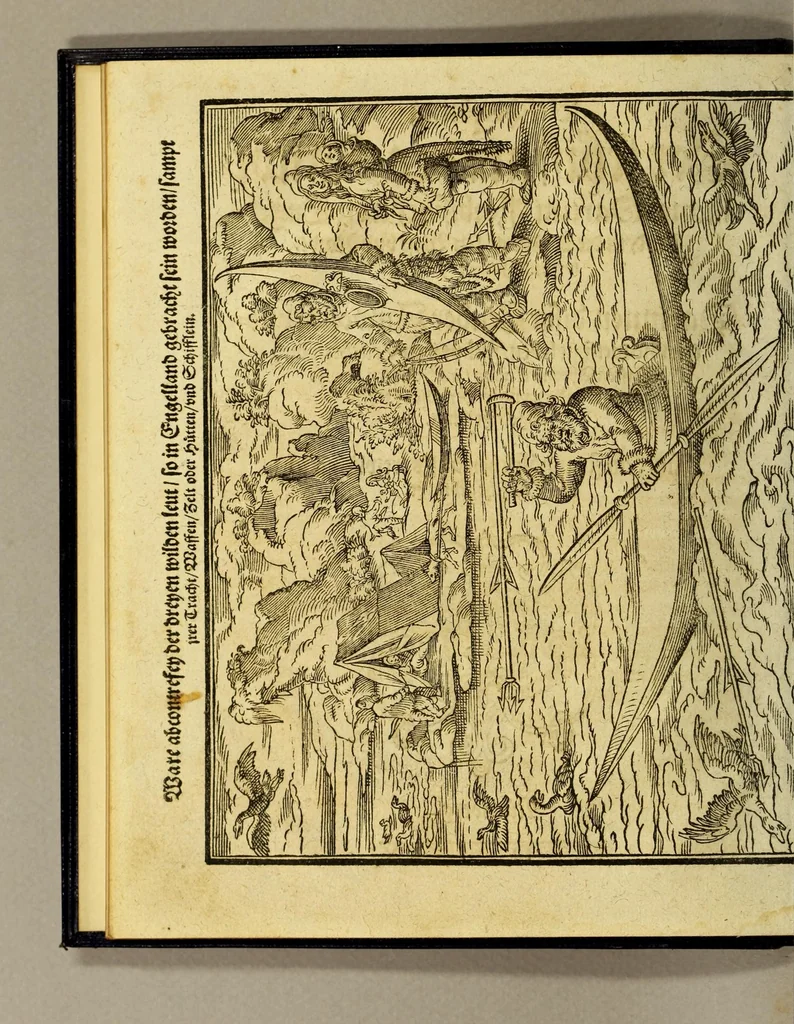 An illustration from Beschreibung der schiffart des haubtmans Martini Forbissher auss Engelland in die lender gegen west vnd nordtwest im jar 1577. Darinnen diser lender inwohner sitten vnd weiss zu leben sampt jren trachten vnd waffen abcontrefeiung auch andern zuuor vnbekandten vnd sonderlichen sachen angezeigt wirdt. Auss dem frantzösischen auffs trewlichste in das teutsche gebracht, 1580, leaf 6