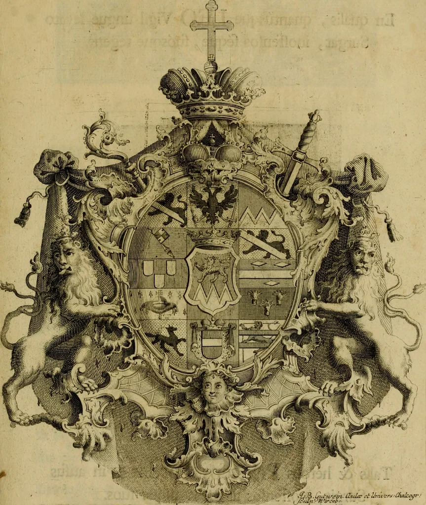An illustration from Beschreibung des fürtreflichen Gemähld- und Bilder-Schatzes, welcher in denen hochgräflichen Schlössern und Gebäuen deren Reichs-Grafen von Schönborn, Bucheim, Wolfstahl &c., sowohl in dem Heil. Röm. Reich, als in dem Ertz-Hertzogthum Oesterreich zu ersehen und zu finden : samt einer Beschreibung deren Sachen und Authoren, wie auch einem treu-gehorsamsten Neu-Jahrs-Wunsch : nebst anderen verschiedenen Teutschen und Lateinischen Lob-Reimen historicè, genealogicè, & heraldicè verfasset, und durch besonderen Fleiss eingetheilet zu ehren und ewigen Nach-Ruhm des Hochgräfl. Hauses von Schönborn, Bucheim, Wolfsthal, &c., 1746, leaf 10