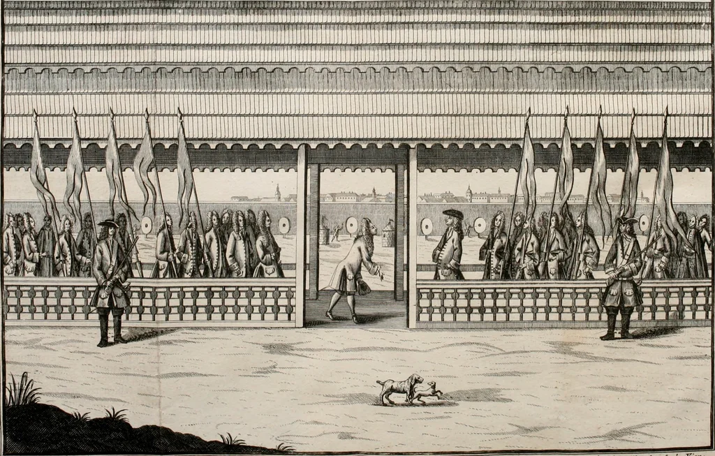 An illustration from Beschreibung des Haubt- und Frey-Schiessen, : welches von Ihro Kayser- und Königl. Catholischen Majestät Carolo Sexto, wegen erfreulichster Geburt, Leopoldi, dero Erst-Gebohrnen Ertz-Hertzogens zu Oesterreich, und Printzens von Asturien, der Wiennerischen Burgerschafft gegenem worden, 1716, leaf 58
