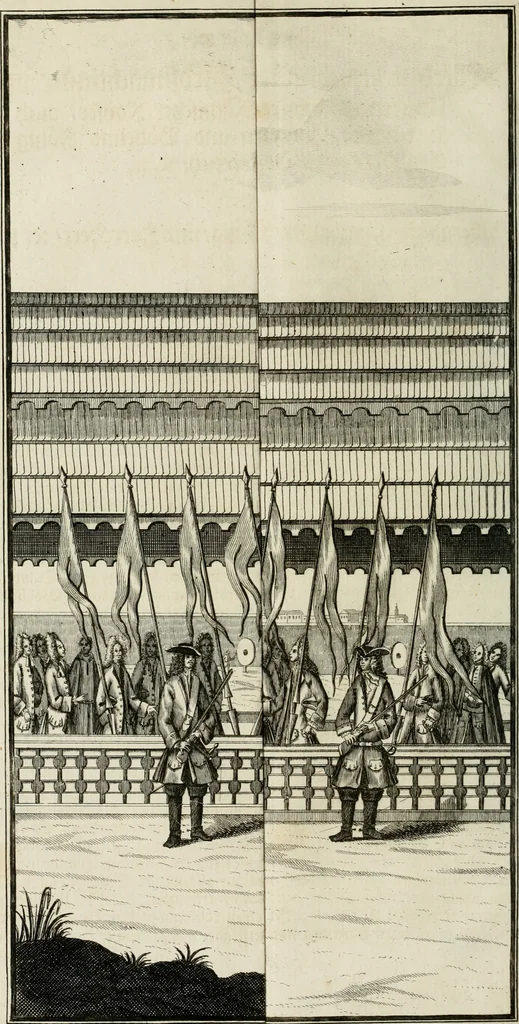 An illustration from Beschreibung des Haubt- und Frey-Schiessen, : welches von Ihro Kayser- und Königl. Catholischen Majestät Carolo Sexto, wegen erfreulichster Geburt, Leopoldi, dero Erst-Gebohrnen Ertz-Hertzogens zu Oesterreich, und Printzens von Asturien, der Wiennerischen Burgerschafft gegenem worden, 1716, leaf 59