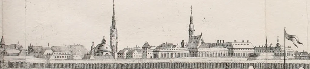 An illustration from Beschreibung des Haubt- und Frey-Schiessen, : welches von Ihro Kayser- und Königl. Catholischen Majestät Carolo Sexto, wegen erfreulichster Geburt, Leopoldi, dero Erst-Gebohrnen Ertz-Hertzogens zu Oesterreich, und Printzens von Asturien, der Wiennerischen Burgerschafft gegenem worden, 1716, leaf 6