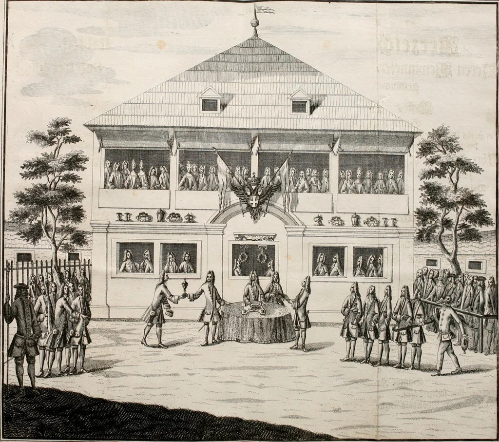 An illustration from Beschreibung des Haubt- und Frey-Schiessen, : welches von Ihro Kayser- und Königl. Catholischen Majestät Carolo Sexto, wegen erfreulichster Geburt, Leopoldi, dero Erst-Gebohrnen Ertz-Hertzogens zu Oesterreich, und Printzens von Asturien, der Wiennerischen Burgerschafft gegenem worden, 1716, leaf 65