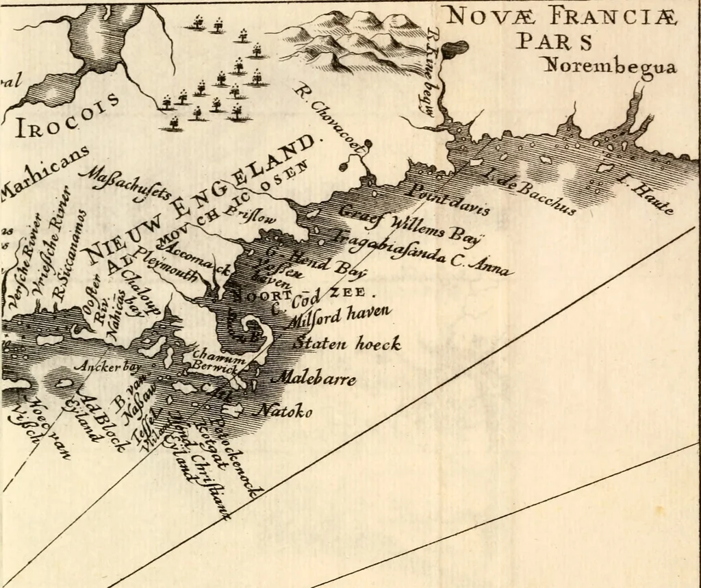 An illustration from Beschrijvinghe van Virginia, Nieuw Nederlandt, Nieuw Engelandt, en d'eylanden Bermudes, Berbados, en S. Christoffel. Dienstelijck voor elck een derwaerts handelende, en alle voort-planters van nieuw colonien, 1651, leaf 11