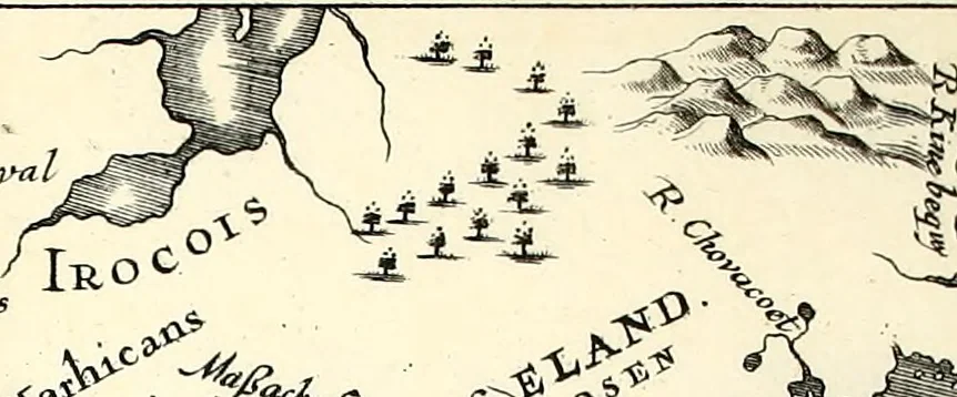 An illustration from Beschrijvinghe van Virginia, Nieuw Nederlandt, Nieuw Engelandt, en d'eylanden Bermudes, Berbados, en S. Christoffel. Dienstelijck voor elck een derwaerts handelende, en alle voort-planters van nieuw colonien, 1651, leaf 12