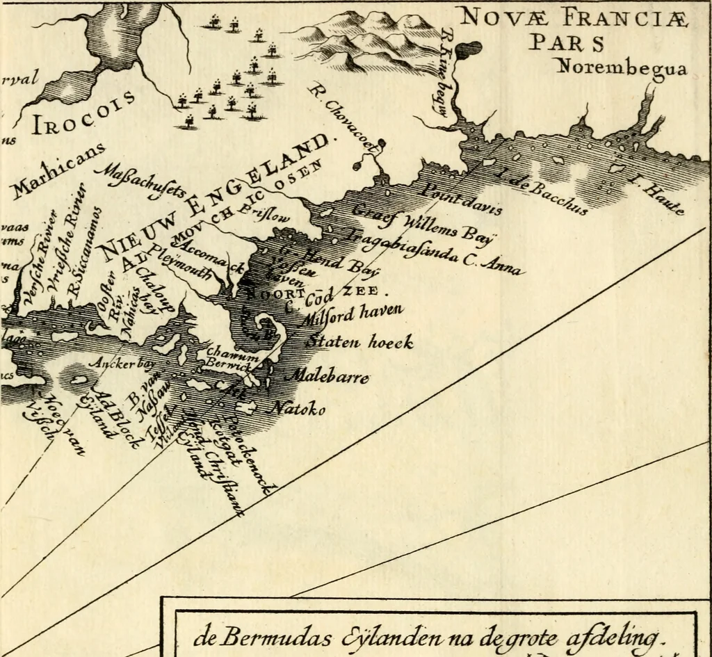 An illustration from Beschrijvinghe van Virginia, Nieuw Nederlandt, Nieuw Engelandt, en d'eylanden Bermudes, Berbados, en S. Christoffel. Dienstelijck voor elck een derwaerts handelende, en alle voort-planters van nieuw colonien, 1651, leaf 13